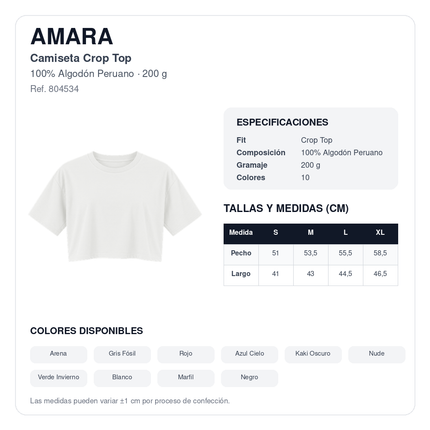 AMARA ficha técnica y tabla de medidas