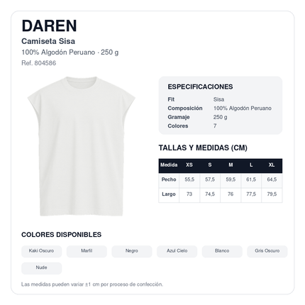 DAREN ficha técnica y tabla de medidas