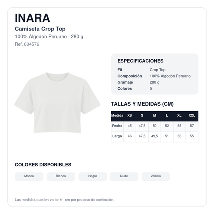 INARA ficha técnica y tabla de medidas