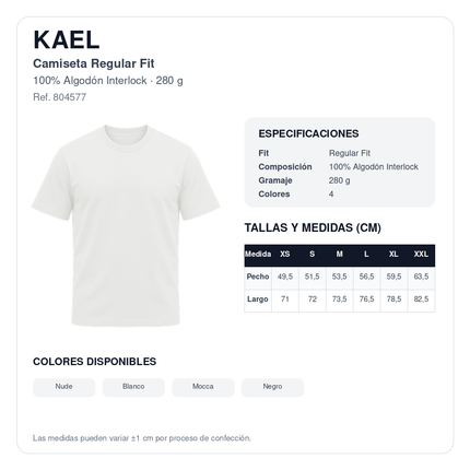 KAEL ficha técnica y tabla de medidas