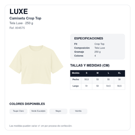 LUXE ficha técnica y tabla de medidas