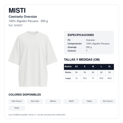 MISTI ficha técnica y tabla de medidas