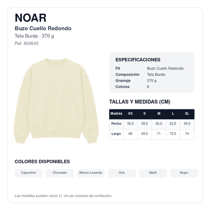 NOAR ficha técnica y tabla de medidas