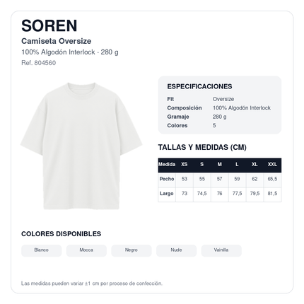 SOREN ficha técnica y tabla de medidas