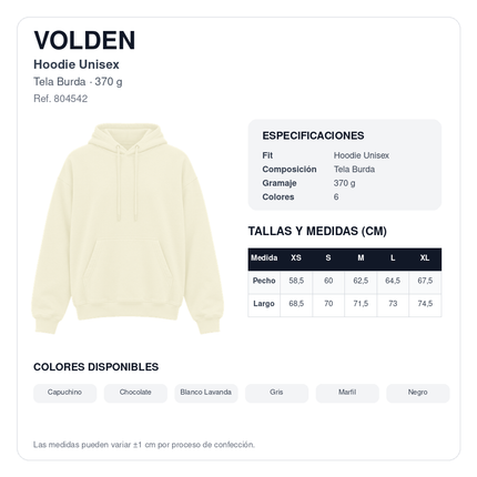 VOLDEN ficha técnica y tabla de medidas